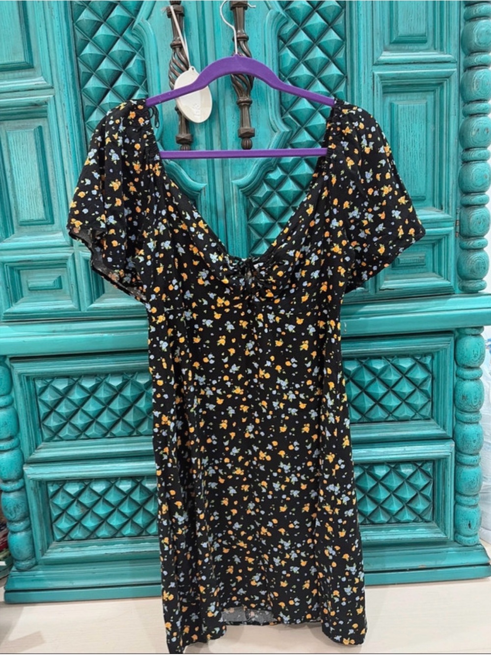 RT Black Floral Summer Dress with Puff Sleeves
